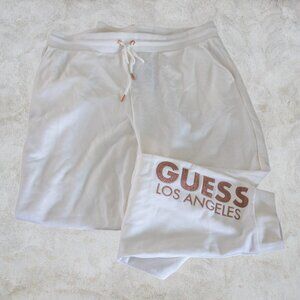 Guess Los Angeles NWT White Cream Athletic Casual Joggers with Rose Gold Glitter